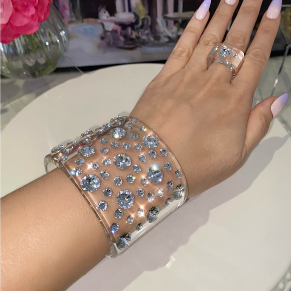 Clear Acrylic Swarovski Crystal Embellished Wide Chunky Cuff Bracelet for Women - Picture 5 of 17